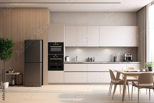 Interior of minimalist style kitchen with simple cupboards and modern appliances in light apartment