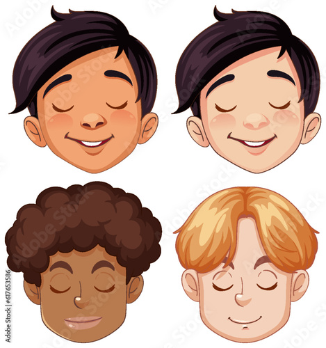 Set of male different race cartoon face closing eyes