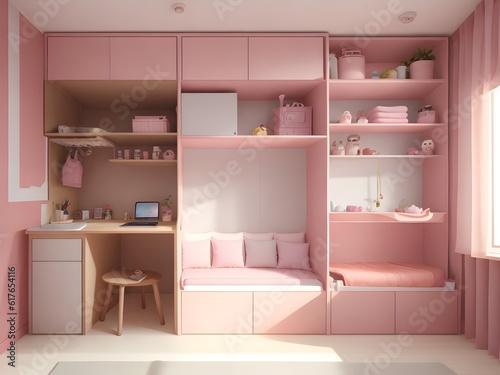 Illustration of an elegant children s room interior design with pink paint and various decorative furniture. generative AI.