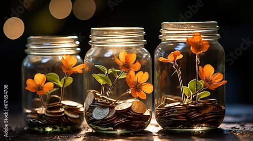 theree jars with money growing up from coins photo