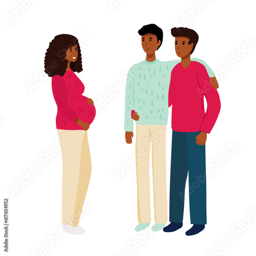 Gay Couple with Surrogate Pregnant woman. Two dads. Vector illustration flat cartoon style with hand drawn lettering. Adoptive parents. Surrogacy,