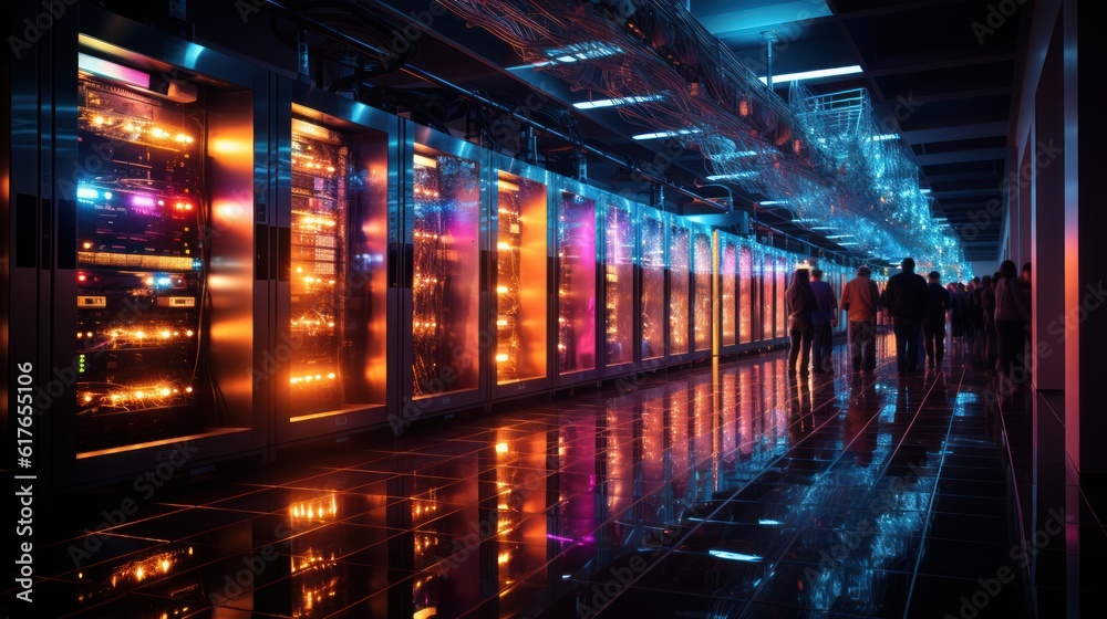 Rows of colorful server racks fill the room, representing the immense power and capability of modern supercomputer technology. Created with Generative AI