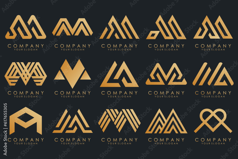 Set of letter M logo design vector. Collection of modern M letter design in gold. Set of letter M logo design vector. Collection of modern M letter design in gold.
