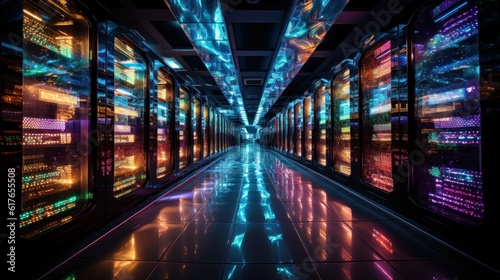 Dynamic world of technology with a glimpse into a Data Center Server Room. The room is a symphony of color  filled with rows of server racks. Created with Generative AI