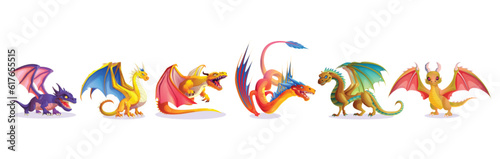 Cartoon set of fantasy dragons isolated on white background. Vector illustration of magic reptile characters with wings, tails and sharp fangs. Medieval adventure game monster, fairy tale creature