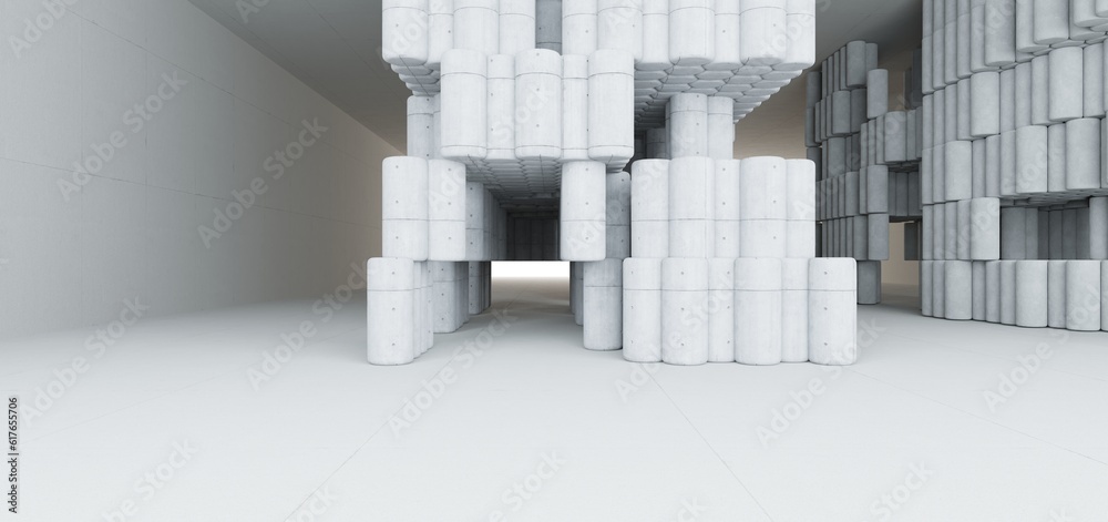 Abstract architectural minimalistic background. Contemporary showroom. Modern concrete exhibition tunnel. Empty gallery. Backlight. 3D illustration and rendering.