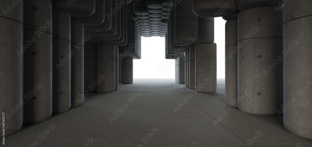 Abstract architectural minimalistic background. Contemporary showroom. Modern concrete exhibition tunnel. Empty gallery. Backlight. 3D illustration and rendering.