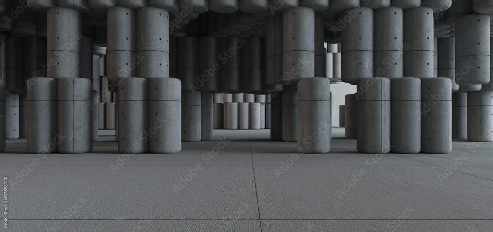 Abstract architectural minimalistic background. Contemporary showroom. Modern concrete exhibition tunnel. Empty gallery. Backlight. 3D illustration and rendering.