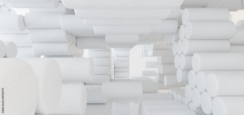 Luxury white abstract architectural minimalistic background. Contemporary showroom. Modern exhibition stand. Empty gallery. Backlight. Polygonal Graphic Design. 3D illustration and rendering.