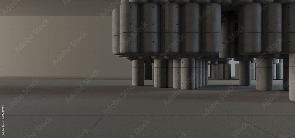 Abstract architectural minimalistic background. Contemporary showroom. Modern concrete exhibition tunnel. Empty gallery. Backlight. 3D illustration and rendering.