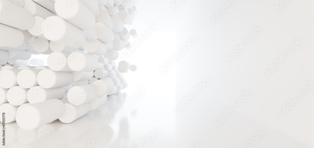 Luxury white abstract architectural minimalistic background. Contemporary showroom. Modern exhibition stand. Empty gallery. Backlight. Polygonal Graphic Design. 3D illustration and rendering.