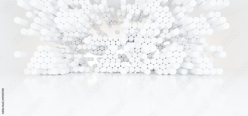 Luxury white abstract architectural minimalistic background. Contemporary showroom. Modern exhibition stand. Empty gallery. Backlight. Polygonal Graphic Design. 3D illustration and rendering.