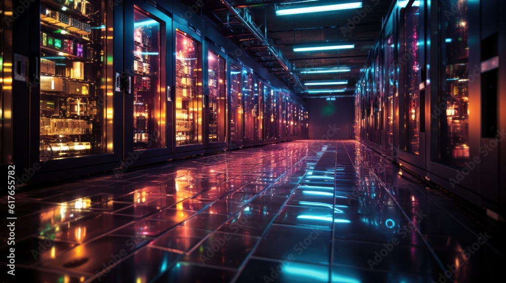 Data Center Server Room, a visual feast of vibrant colors and organized chaos. The room is filled with an intricate network of server racks.
Created with Generative AI Data Center Server Room, a visual feast of vibrant colors and organized chaos. The room is filled with an intricate network of server racks.
Created with Generative AI