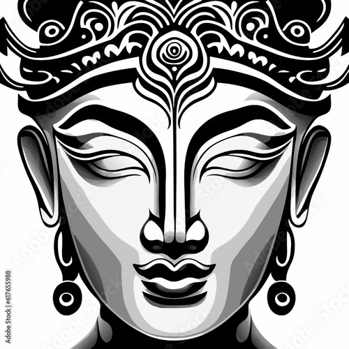 Buddha face in black and white color. Vector illustration.