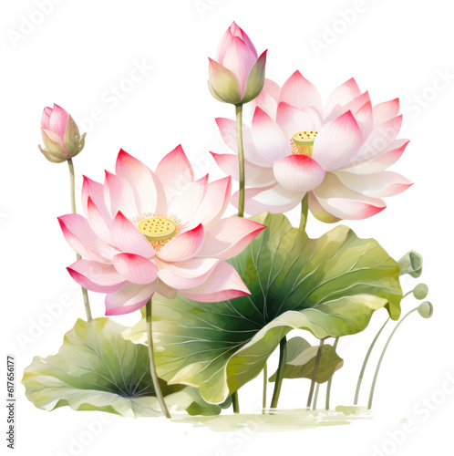 Watercolor illustration painting of leafs and lotus isolated.