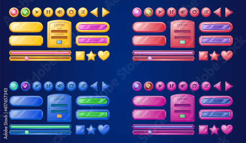 Play game interface button ui icon vector design. Cartoon frame for video music player app. Gui user board elements for navigation in pink, blue and gold. Signboard asset with gem for website banner