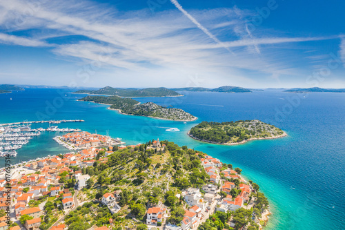 Aerial view of the old town of Tribunj and islands in Dalmatia, Croatia