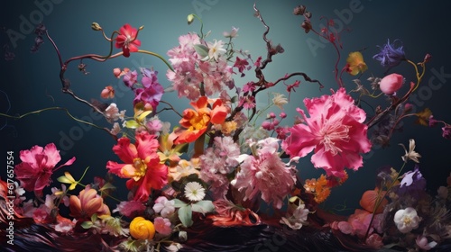 A 2D floral composition featuring a single wilting flower surrounded by vibrant blossoms, representing the beauty and resilience found in the process of aging. | generative ai