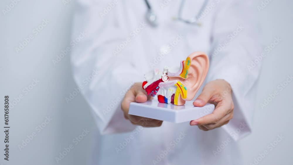 Doctor with human Ear anatomy model. Ear disease, Atresia, Otitis Media