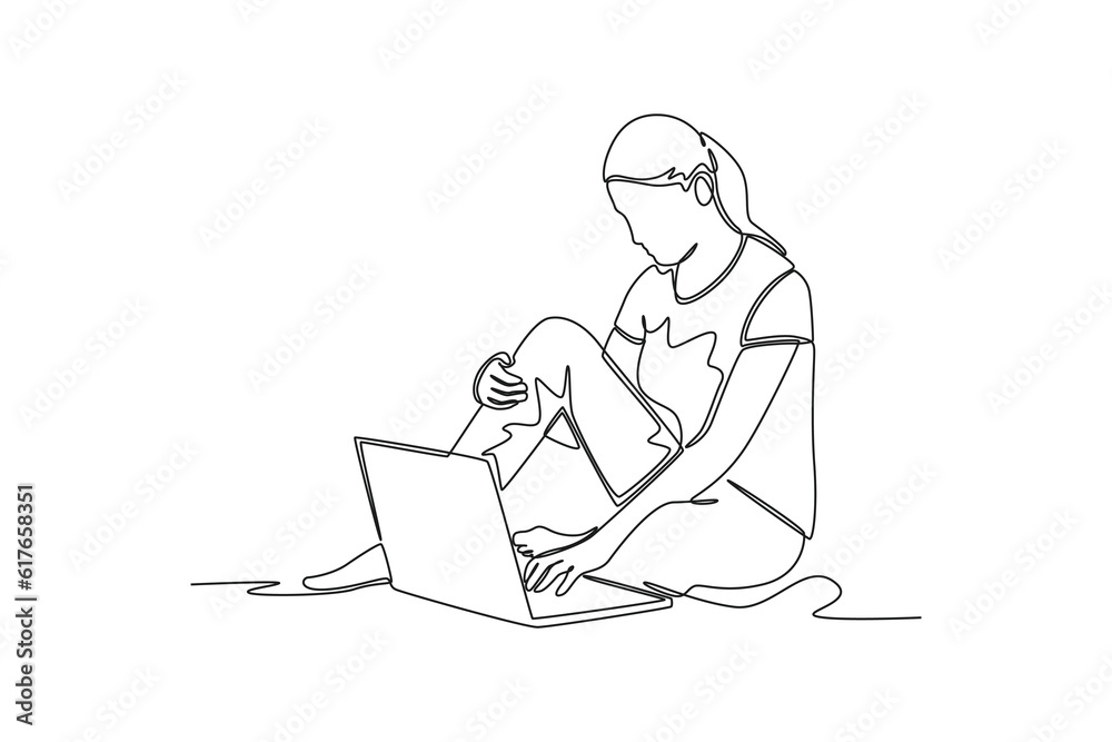 Continuous one line drawing business woman sitting and using laptop. Single line draw design vector graphic illustration. Continuous one line drawing business woman sitting and using laptop. Single line draw design vector graphic illustration.