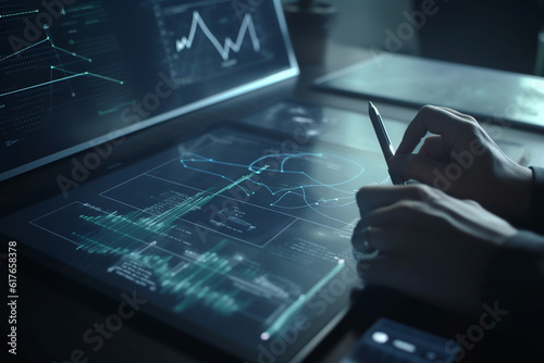 Businessman investment consultant analyzing company financial report balance statement working with digital augmented reality graphics with Generative AI technology.