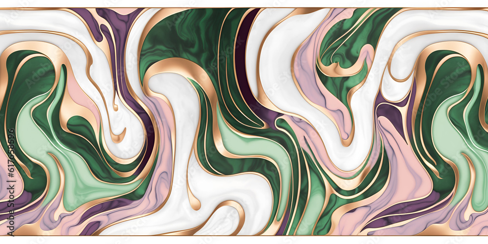 Traditional Jamaican seamless repeating pattern, emerald, lavender and rose gold marble texture