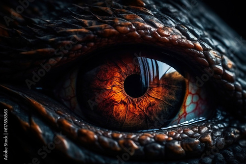 Dragon eye. Red  Yellow Eye of Evil Fantasy Fire Black Dragon. Generative AI illustration.Fantastic monster.