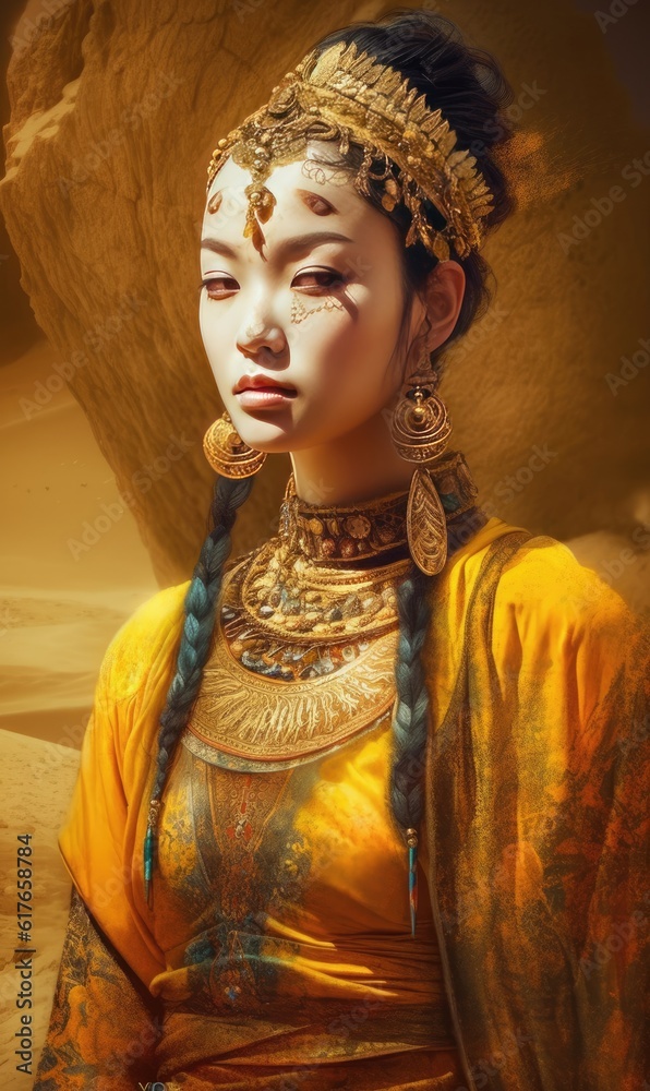Exquisite airbrush illustration showcases the beauty of an ancient Asian princess. Creating using generative AI tools