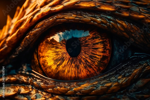 Fantasy dragon eye close up. Generative AI illustration. Ancient reptile.