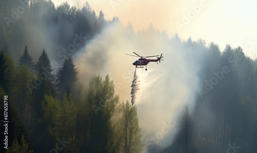 The forest fire's spread is slowed by the helicopter's water drops Creating using generative AI tools