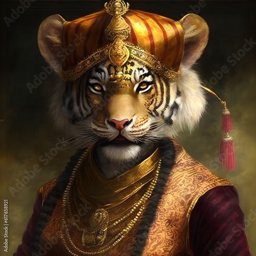 Anthropomorphic Tiger dressed like a sultan intricate details photorealistic full body portrait curly shoes gold turban ruby jewelry sharp perfect lighting 