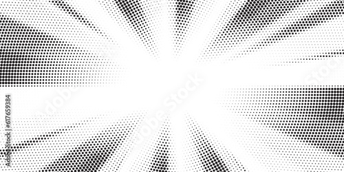 Halftone gradient sun rays pattern. abstract halftone vector dots background. monochrome dots pattern. pop art, comic small dots. star rays halftone poster. shine, explosion. sunrise rays background.	