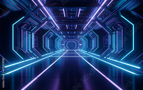 Abstract background with neon lights. Futuristic corridor, Generative AI