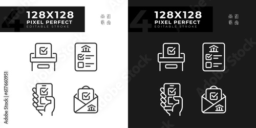 Pixel perfect icons set representing voting for day and night theme, isolated illustration, editable election signs for dark and light mode.