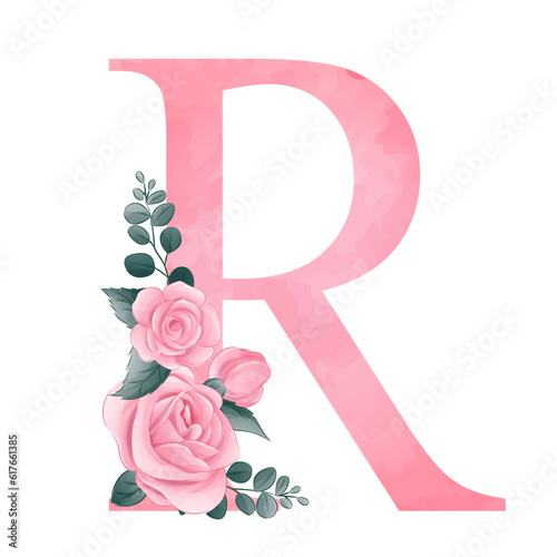 Alphabet R with pink roses watercolor illustration