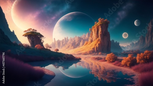 Dreamscape landscape with mountains Created with generative AI