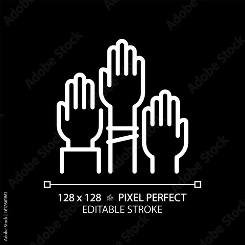2D pixel perfect white linear icon of people with hands raised representing voting, isolated vector illustration for dark mode, editable voters symbol.