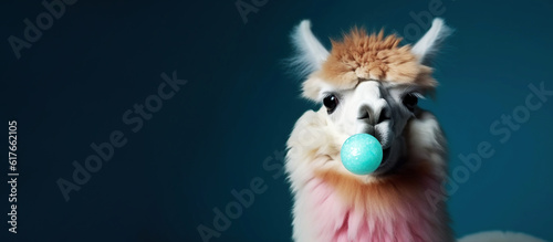 Funny llama blowing gum isolated on blue background with copy space. Generative AI illustration.