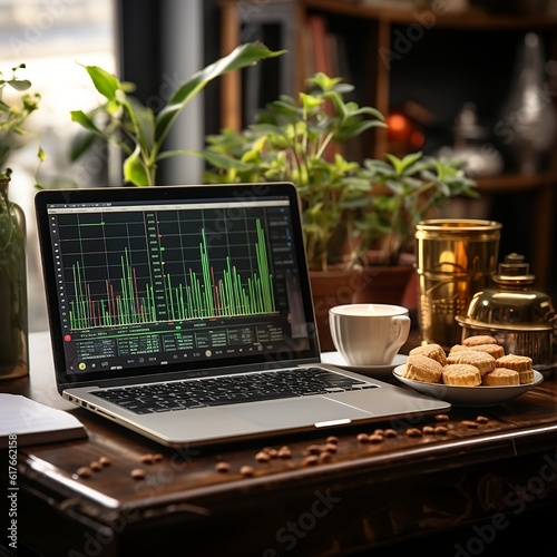 Forex stock traiding using laptop with coffee on the table photo