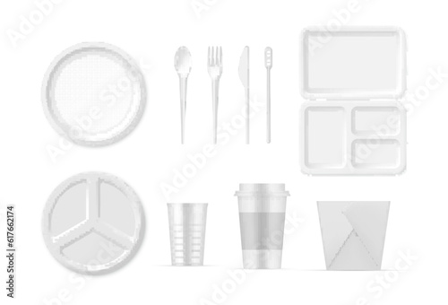 Plastic and paper disposable tableware for eating and drinking set realistic vector illustration