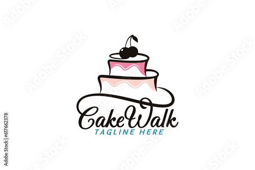 cake walk logo with a combination of a beautiful lettering and cake in a line style