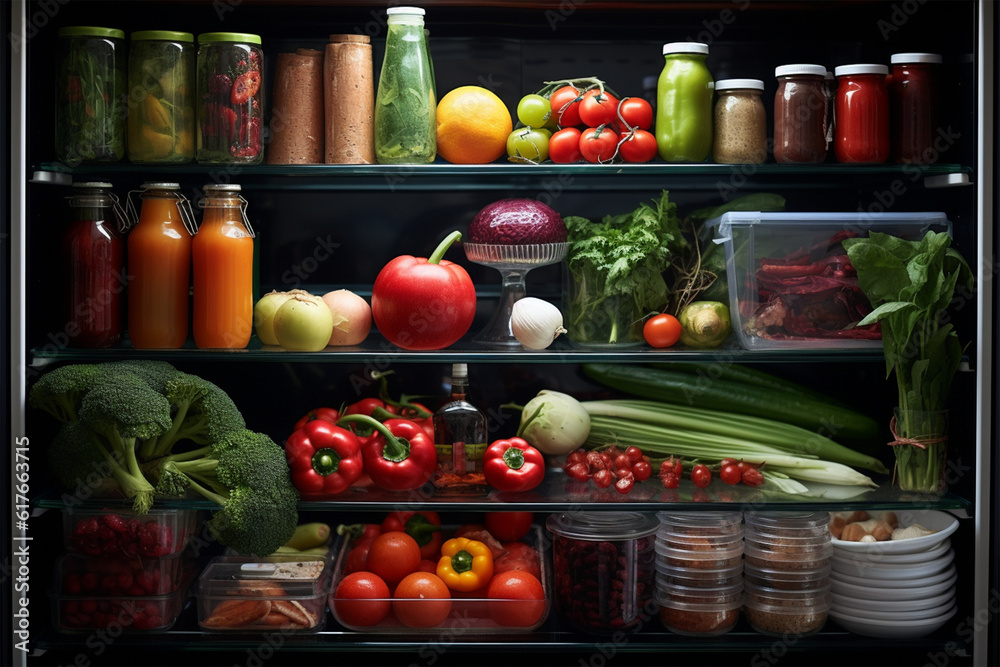 photo arrangement of healthy food in the fridge