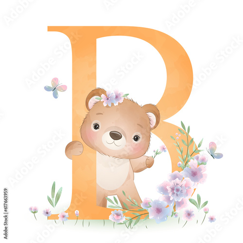 Fototapeta Naklejka Na Ścianę i Meble -  Cute bear with Alphabet B watercolor illustration