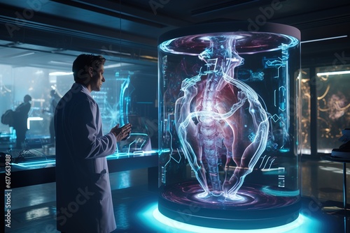 Innovative Medical Synergy: Physician Interacts with Futuristic Holographic X-Ray Projection in Advanced Laboratory Setting