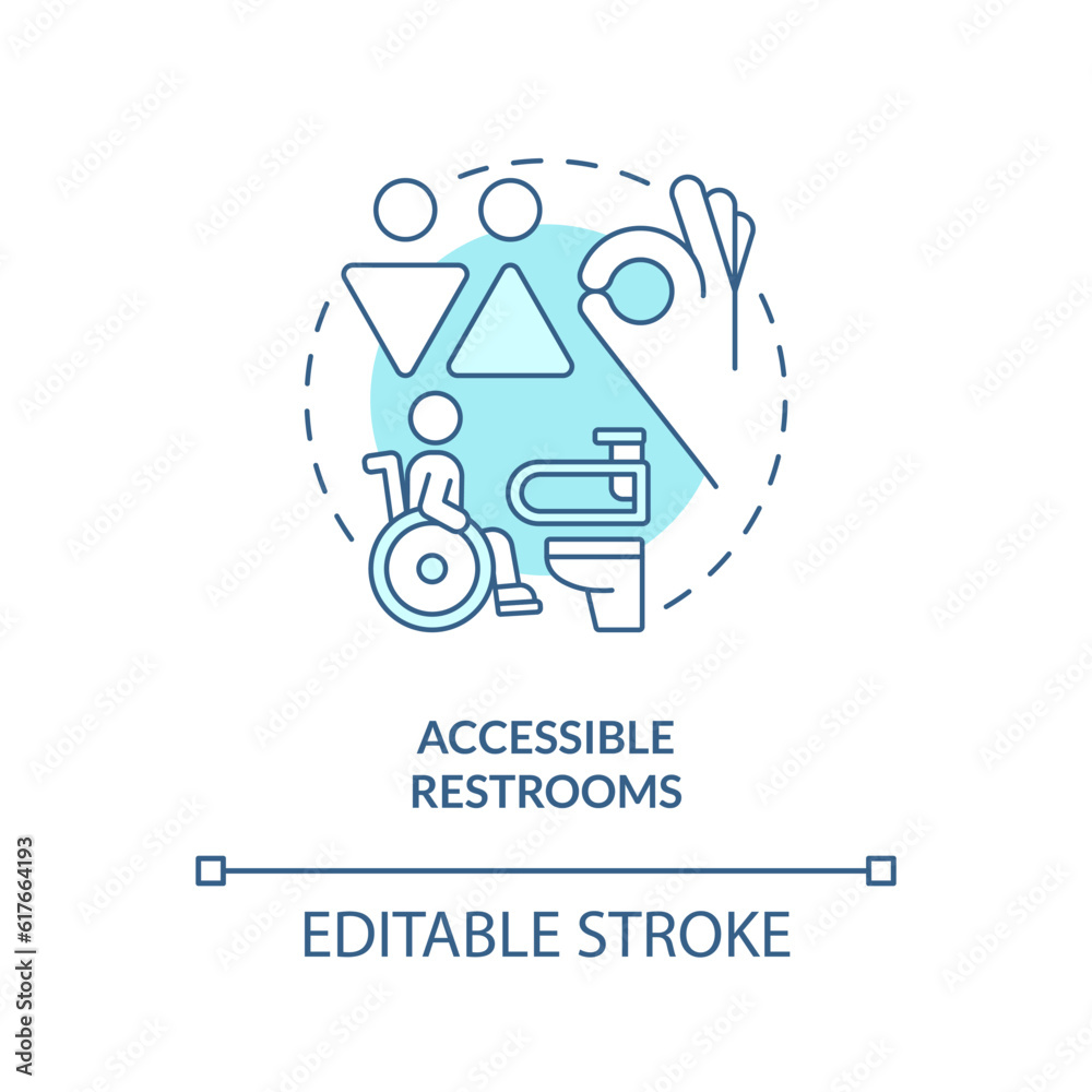 Accessible restrooms turquoise concept icon. Grab bar. Water closet. Person with disability. Equal access. Public toilet abstract idea thin line illustration. Isolated outline drawing. Editable stroke