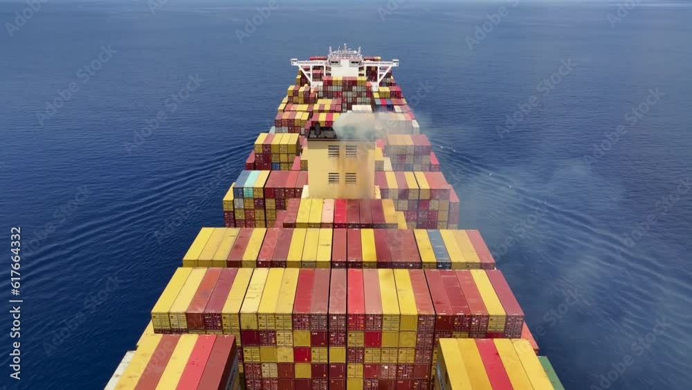 Aerial drone top view video of heavy loaded cargo container ship cruising the ocean for logistics import export, shipping or transportation
