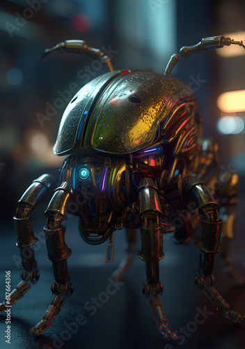 Wild Beetle robot posing in cyberpunk background.