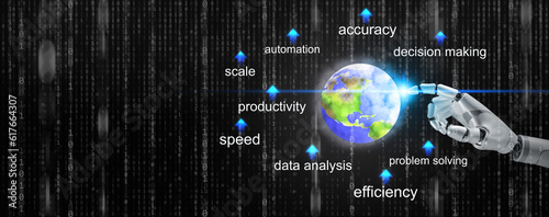 AI changes or transforms our world concept. Benefits and advantages of Artificial Intelligence. Robotic hand touches our global society and increases or imrproves many things in our lives.