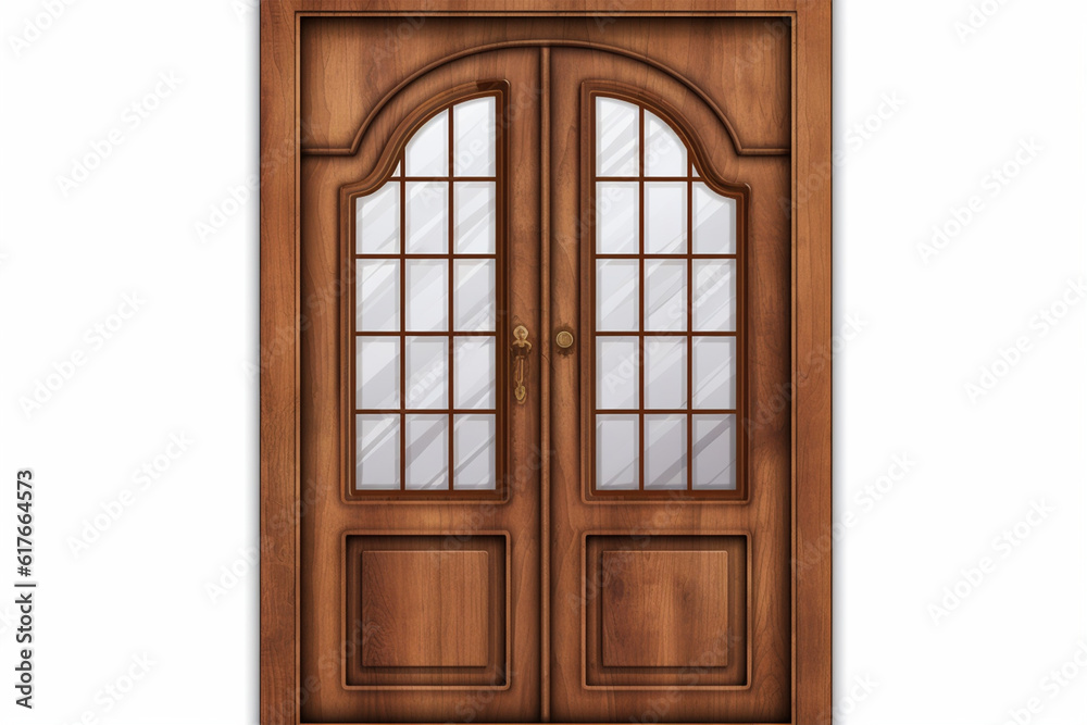 one Door  made of wood  with glass  on isolated background,generative.ai