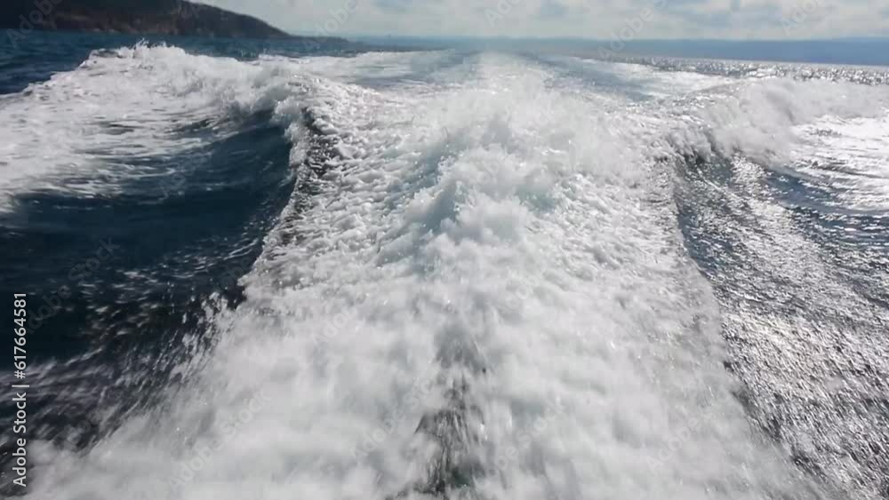 Wake of motorboat in Mediterranean Sea off Alghero, Sardinia, Italy, Southern Europe, Europe